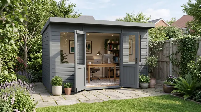 Garden office: a glazed garden building, styled visualisation