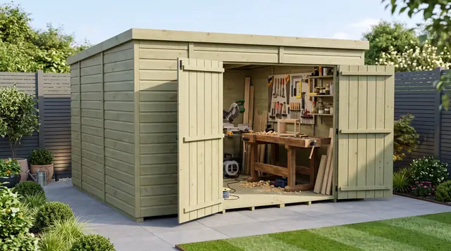 Workshop: a timber pent shed in a garden, styled visualisation