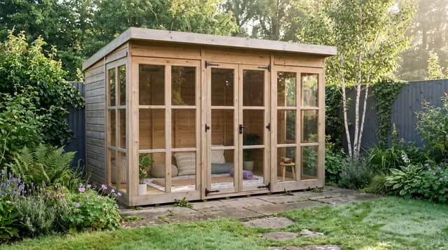 Garden retreat: a glazed timber summer house in a garden, styled visualisation