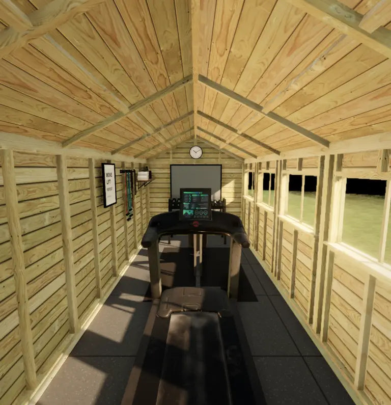 Looking in through the doors of the 8×20 Apex Shed, laid out as the All-Rounder Gym in the 3D builder
