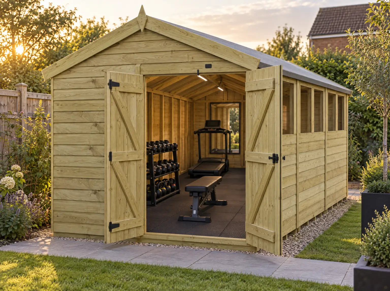 Long Apex Shed with its double doors open, set up as a home gym with weights at the front and a treadmill behind