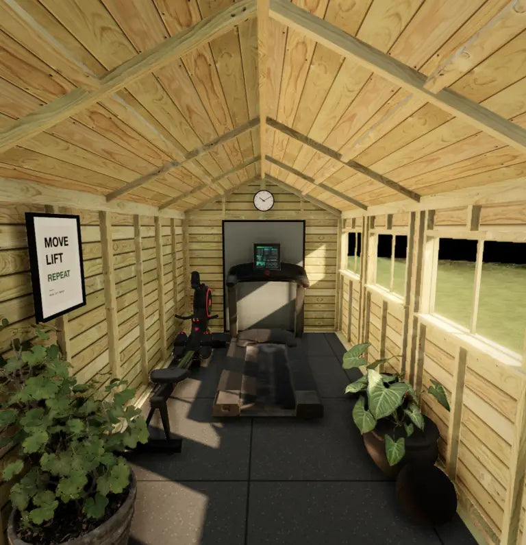 Looking in through the doors of the 8×17 Apex Shed, laid out as the Cardio Room in the 3D builder