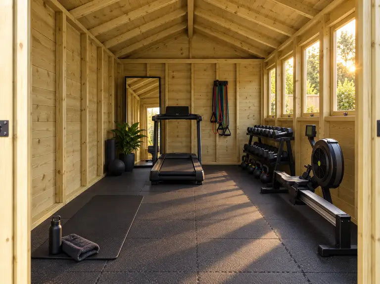 Inside the cardio room: the kit laid out in the timber shed