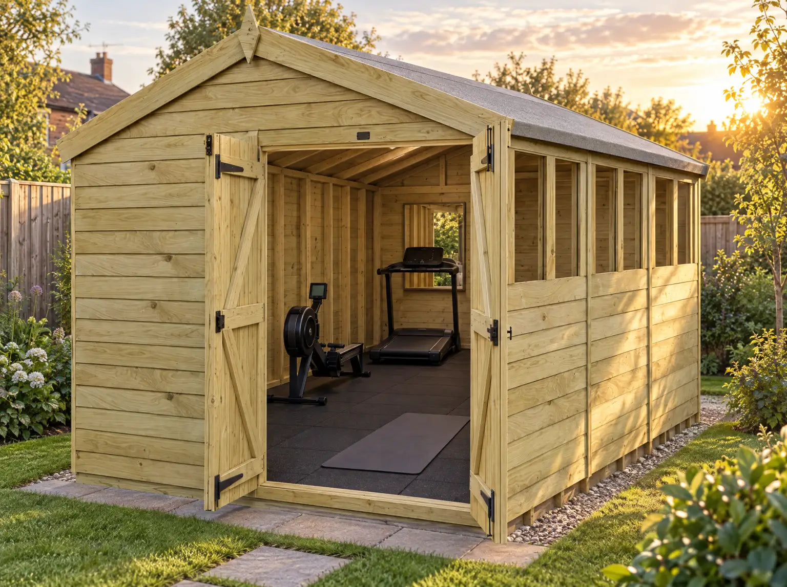 Apex Shed with its double doors open, set up as a cardio room with a treadmill and a rowing machine