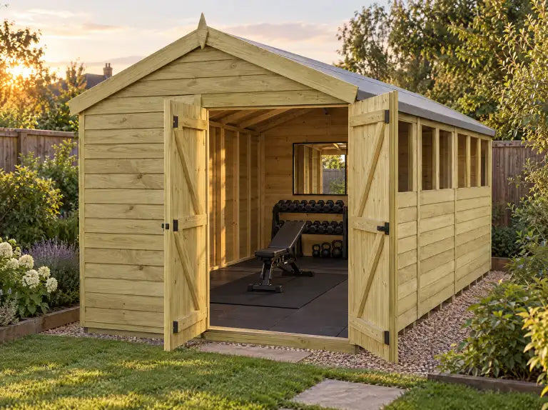Apex Shed with its double doors open, set up as a starter home gym with a bench, dumbbells and kettlebells