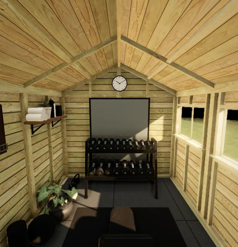Looking in through the doors of the 8×11 Apex Shed, laid out as the Starter Gym in the 3D builder