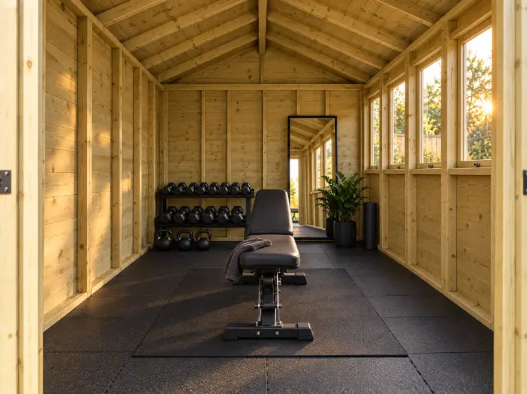 Inside the starter gym: the kit laid out in the timber shed