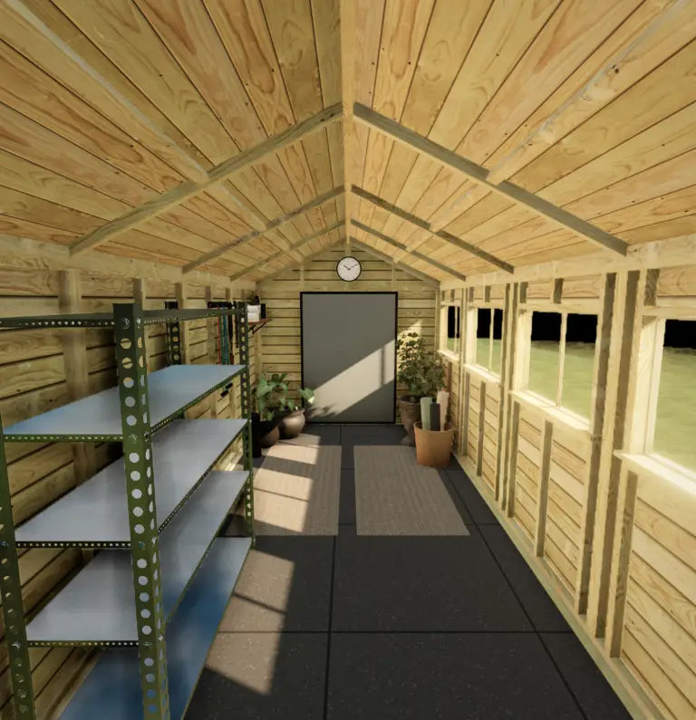 Looking in through the doors of the 8×19 Apex Shed, laid out as the Yoga Studio in the 3D builder