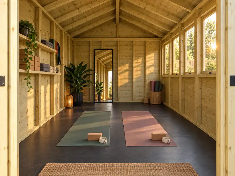 Inside the yoga studio: the kit laid out in the timber shed