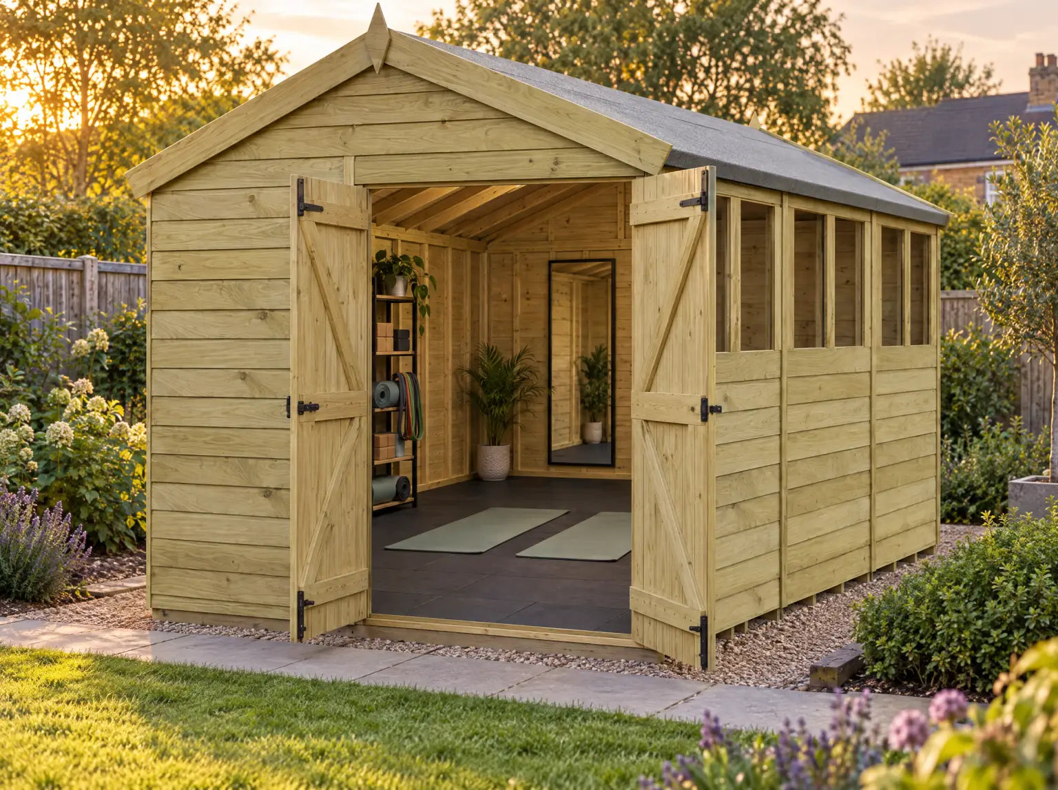 Apex Shed with its double doors open, set up as a calm yoga studio with two mats and a mirror